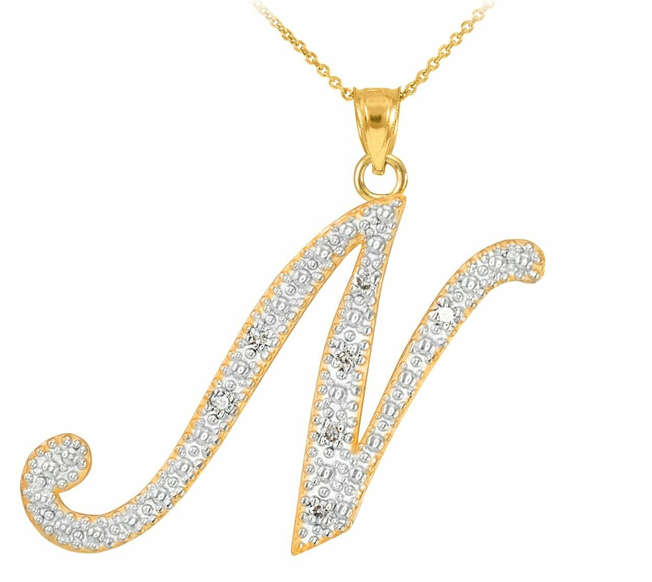 14k Solid Yellow Gold Diamonds Initial Script Letter N Pendant Necklace