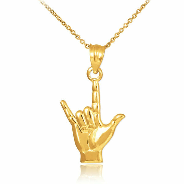 14k Yellow Gold "Hang Loose" I Love You Sign Charm Pendant West Side Necklace