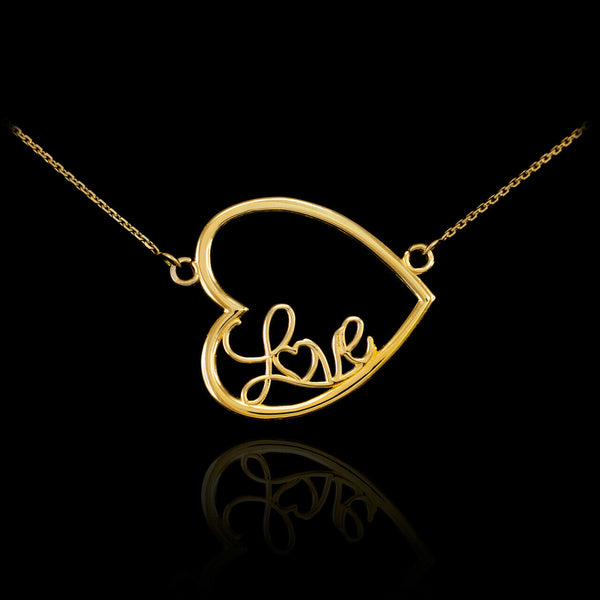 14K Solid Yellow Gold Dainty Sideways Open Heart Love Necklace Valentine's Day