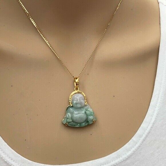 14K Solid Real Gold Natural Jadeite Jade Happy Laughing Buddha Pendant Male