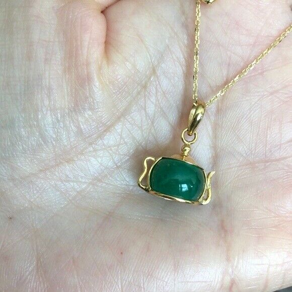 14K Solid Gold Green Teapot Pendant / Charm Dainty Adjustable Necklace 16"-18"