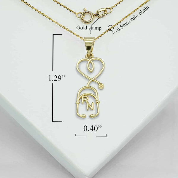10K Solid Gold Registered Nurse Stethoscope Pendant Necklace Yellow, Rose, White