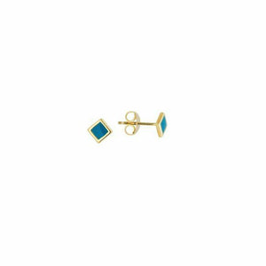14K Solid Gold Turquoise Enamel Mini Stud Diamond Shape Earrings -Minimalist