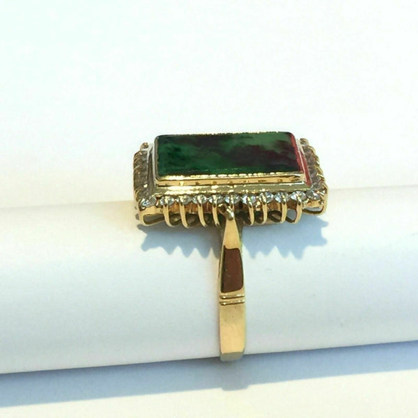 14K Solid Yellow Gold Square Green Jade Women CZ Ring Size 6.25