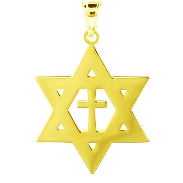 Solid 14k Yellow Gold High Polished Jewish Star of David Cross Pendant Necklace