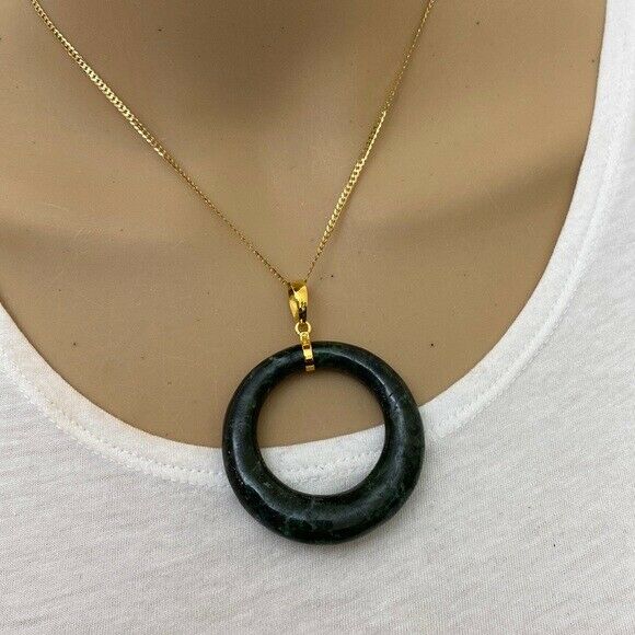 14K Solid Gold Green Large Round Natural Jade Pendant Necklace