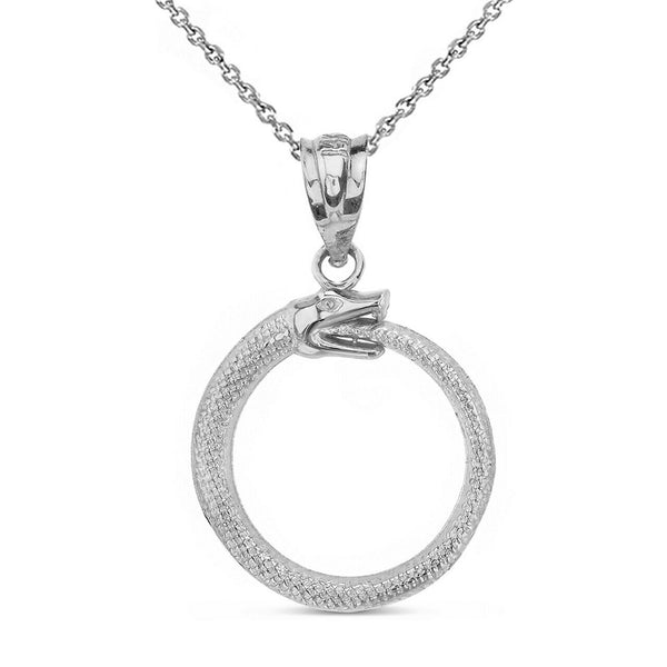 Solid 10k White Gold Egyptian Alchemy Ouroboros Snake Circle Pendant Necklace