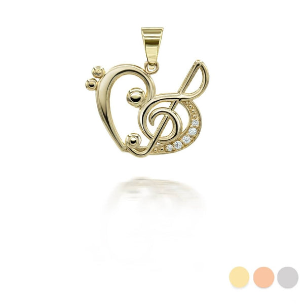 10K Solid Gold Music Heart Treble Clef Pendant Necklace - Yellow, Rose, or White