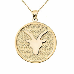 14K Solid Gold Capricorn Zodiac Sign Disc Round Pendant Necklace