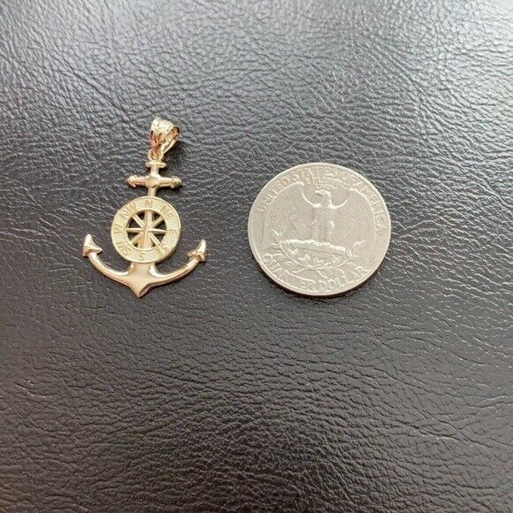 10K Solid Yellow Gold Mariner's Anchor Compass Pendant Necklace