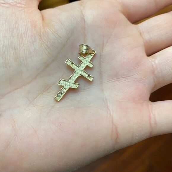 Solid 10k Yellow Gold Russian Orthodox Crucifix Pendant Necklace