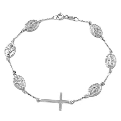 NWT Sterling Silver 925 Rhodium Plated Cross with Religious Charms Bracelet 7"