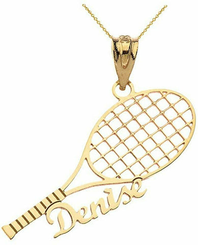 Personalized Engrave Name 10k 14k Solid Gold Tennis Racquet Pendant Necklace