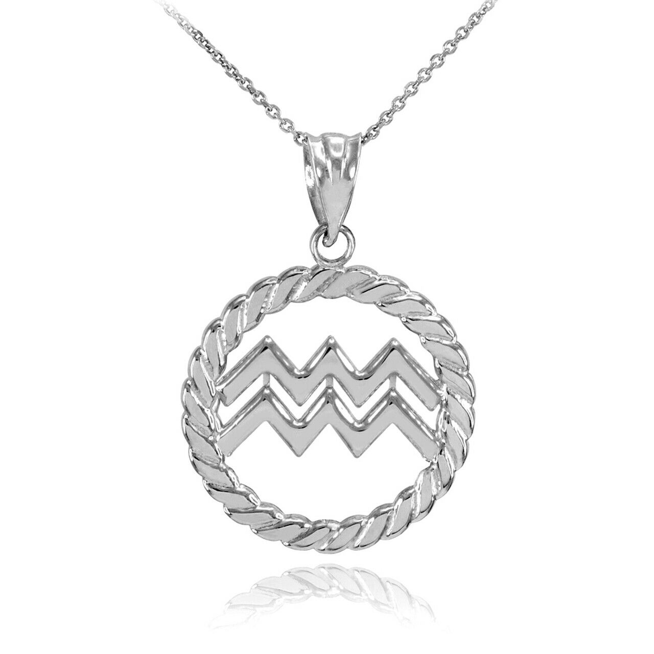 925 Sterling Silver Aquarius Zodiac Sign in Circle Rope Pendant Necklace