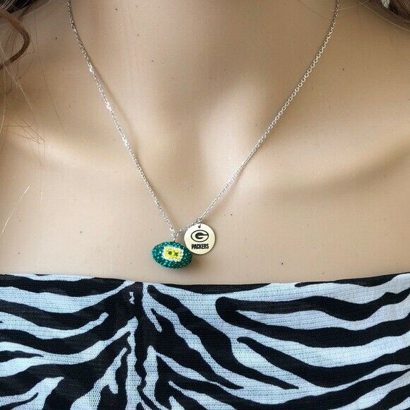 Licensed NFL Team Green Bay Packers Football Crytals Necklace Sterling Silver