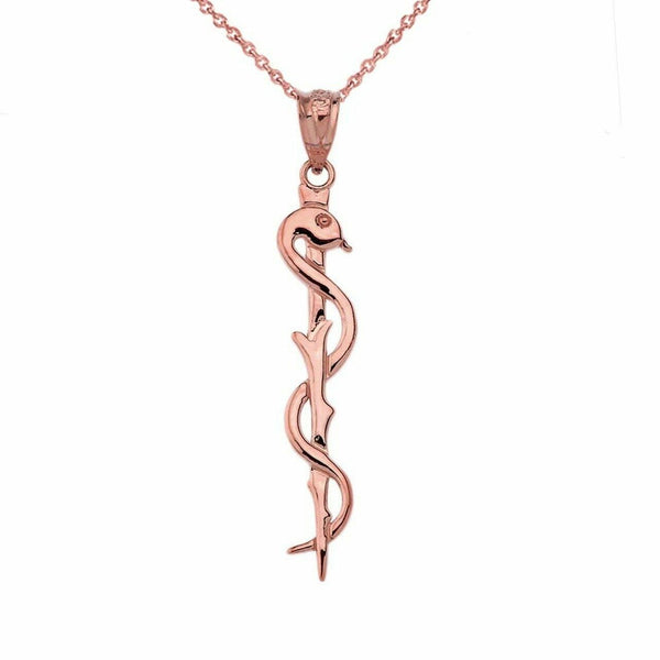 10k 14k Solid Gold Asclepius medicine Symbol Pendant Necklace Yellow White Rose