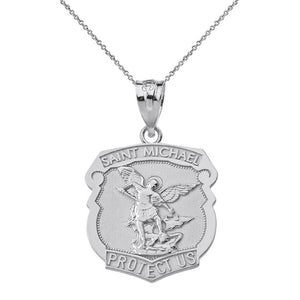 925 Sterling Silver Saint Michael Protect Us Shield Pendant Necklace Made in USA
