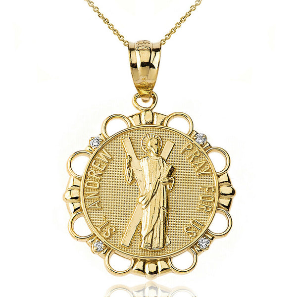 10k Solid Gold Diamond Saint Andrew Pray For Us Circle Pendant Necklace