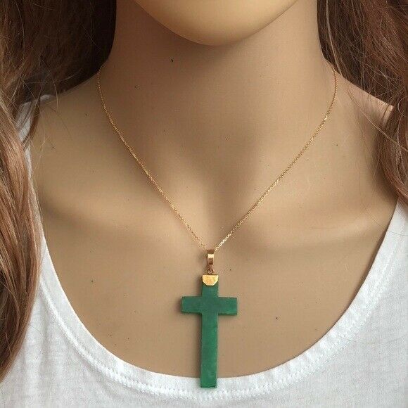 14K Solid Gold Green Jade Cross Pendant / Charm Dainty Adjustable Necklace