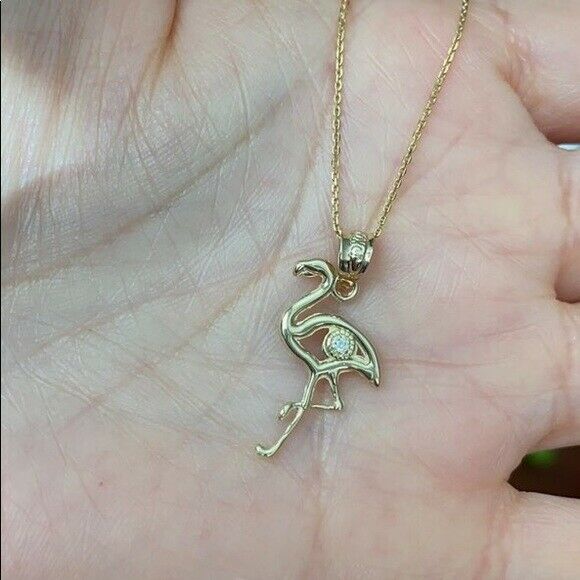 14k Solid Yellow Gold Diamond Small Flamingo Pendant Necklace 16" 18" 20" 22"