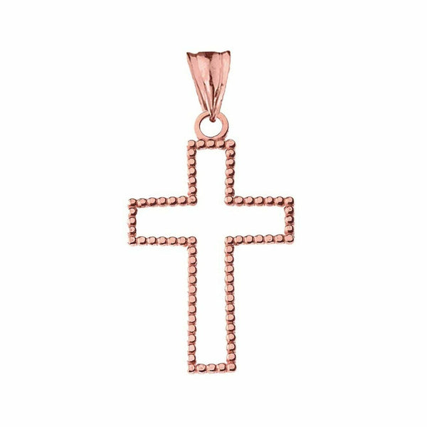 10k or 14k Solid Gold Two Sided Beaded Open Cross 1.2" Pendant Necklace