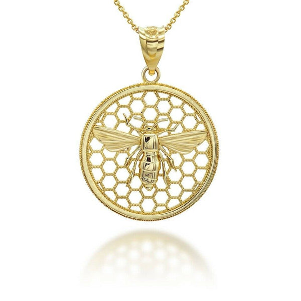 10K Solid Gold Queen Bee Honey Comb Pendant Necklace - Yellow, Rose, or White