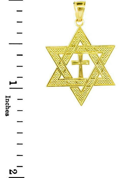 Solid 10k Yellow Gold Jewish Star of David and Cross Pendant Necklace Reversible