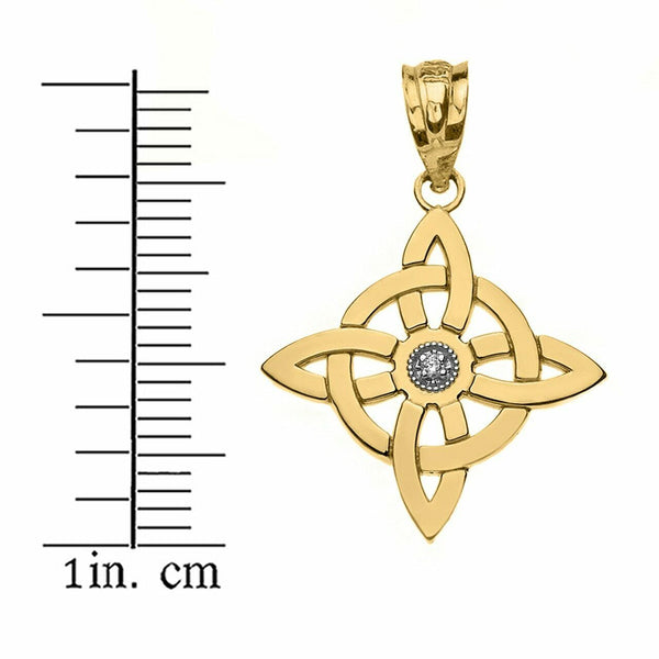 Solid 10k Yellow Gold Single Diamond Wiccan Witch's Knot Pagan Pendant Necklace
