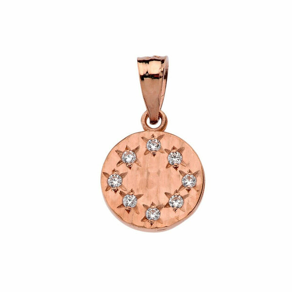 Solid 14k Rose Gold Small Hammered Diamond Round Pendant Necklace