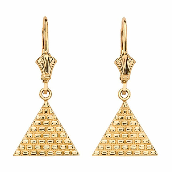 10k Real Yellow Gold Egyptian Pyramid Triangle Dangle Drop Cleverback Earrings
