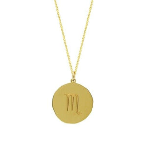 14K Solid Yellow Gold Organic Disk Engraved Virgo Zodiac Pendant Necklace