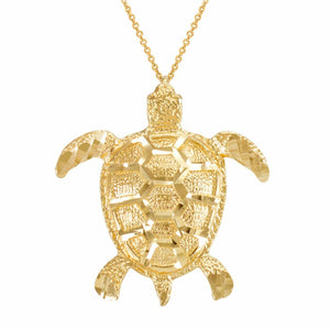 14k Gold Vertical Textured Lucky Hawaiian Honu Sea Turtle Pendant Necklace