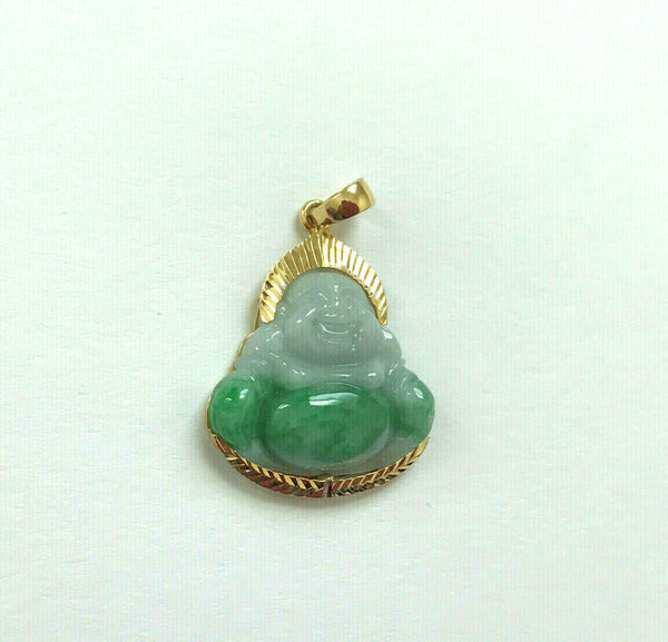 14K Solid Gold Happy Laughing Buddha Natural Green Jade Religious Pendant -P476