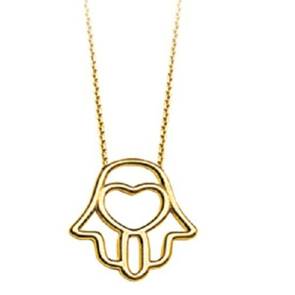 14K Solid Yellow Real Gold Wire Hamsa Hand Necklace - Adjustable 16"-18"
