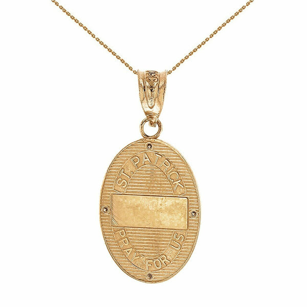 Solid 14k Yellow Gold Gold Saint Patrick Diamond Oval Medallion Pendant Necklace