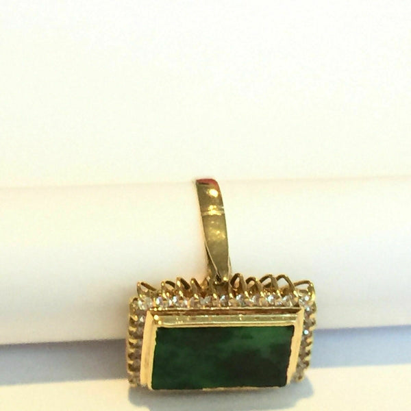 14K Solid Yellow Gold Square Green Jade Women CZ Ring Size 6.25