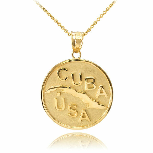 10k Solid Yellow Gold CUBA USA Medallion Pendant Charm Necklace