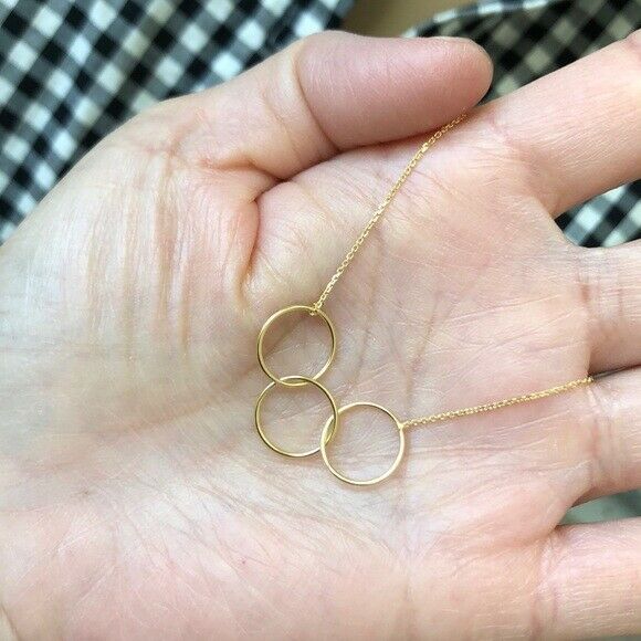 14K Solid Yellow Gold Triple Circle Link Station Necklace - Adjustable 16"-18"