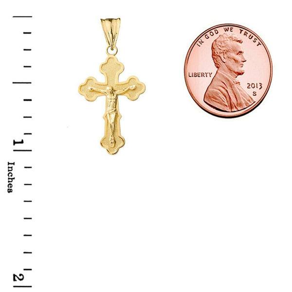 Solid Yellow Gold 14K Greek Orthodox Crucifix Cross Pendant Necklace