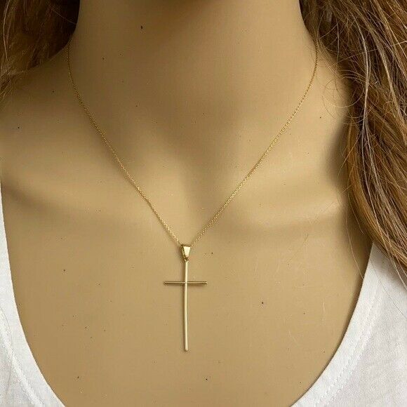 14k Solid Yellow Gold Dainty Thin Simple Long Cross Pendant Necklace
