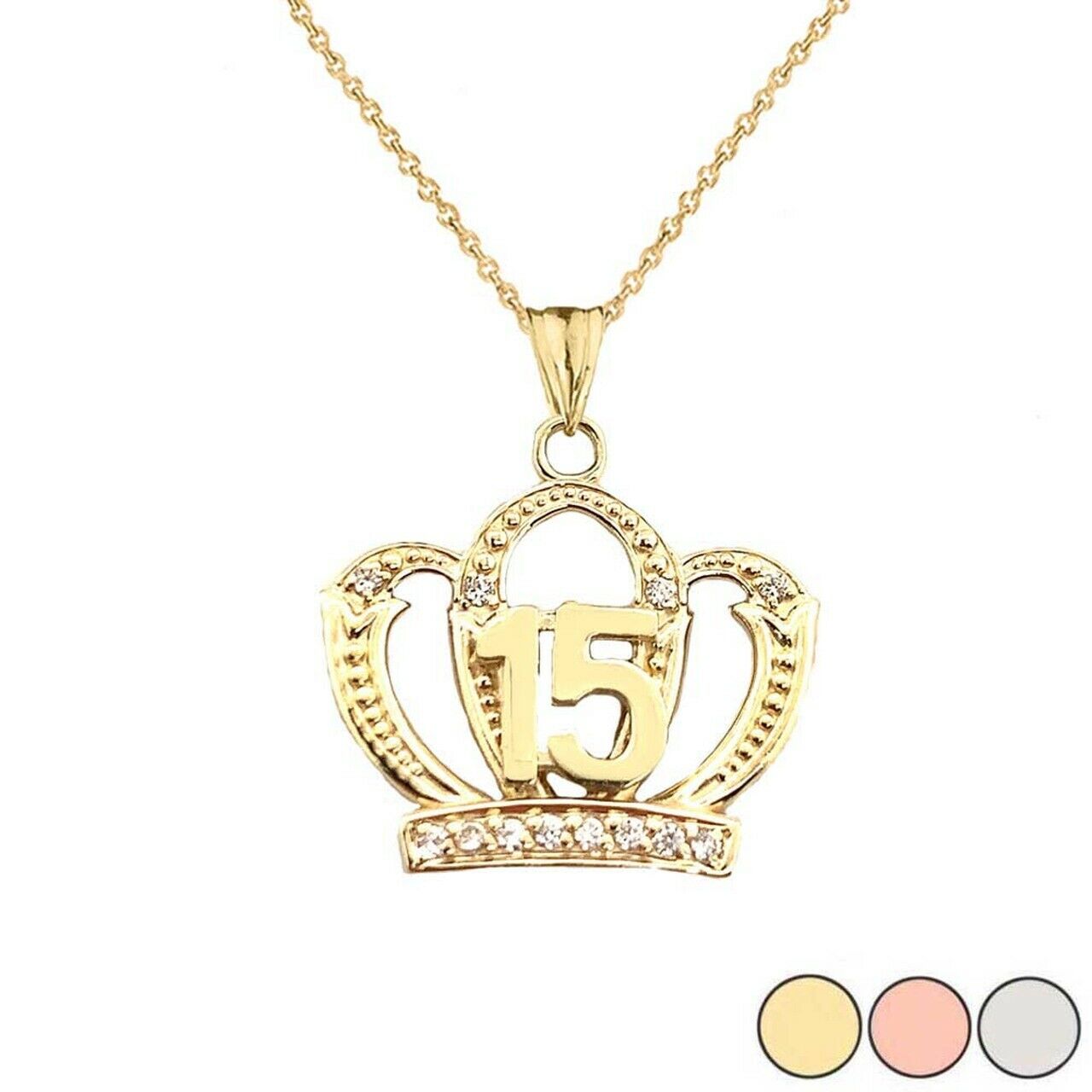 10k Solid Gold Quinceanera Sweet 15 Anos Princess Crown Pendant Necklace