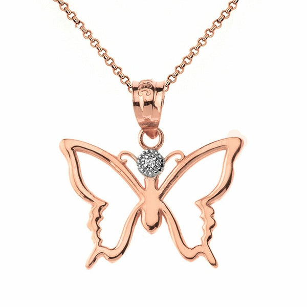 Solid Gold Diamond Butterfly Outline Openwork Resurrection Joy Pendant Necklace