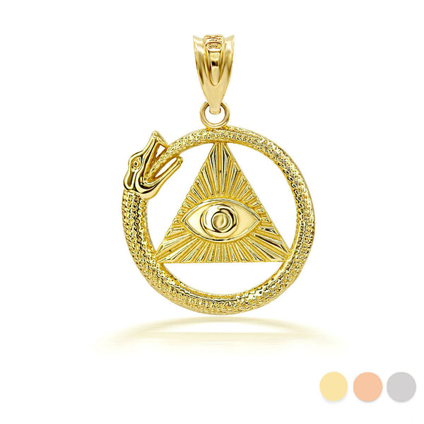 10K Solid Yellow Gold 3D Pyramid Eye of Horus Ouroboros Pendant Necklace
