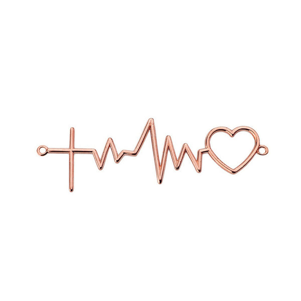 14k Solid Rose Gold Heart Beat Heartbeat with Cross Pendant Necklace