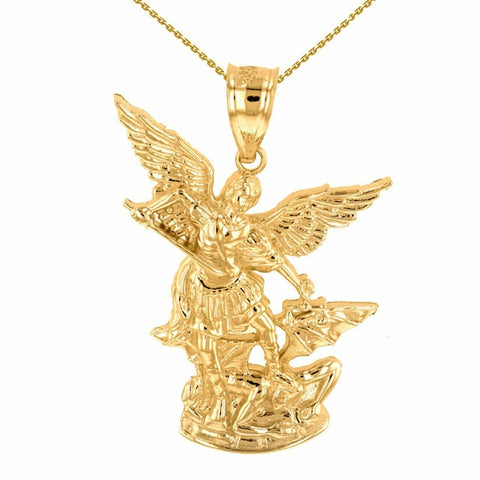14K Solid Yellow Gold Saint St. Michael The Archangel Pendant Necklace 1.35"
