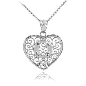 925 Sterling Silver Filigree Heart CZ Initial Letter O Pendant Necklace