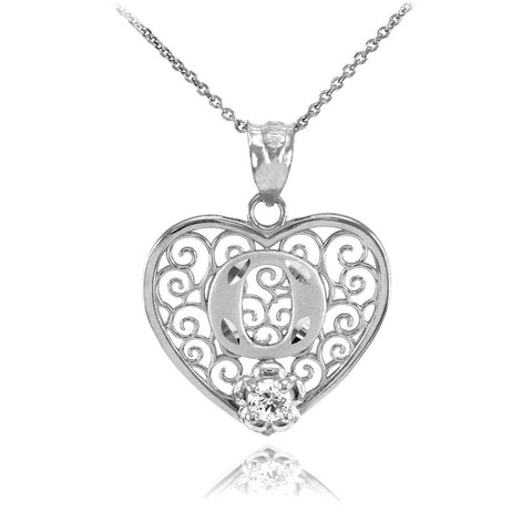 925 Sterling Silver Filigree Heart CZ Initial Letter O Pendant Necklace