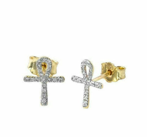10K Solid Yellow Gold Diamond Mini Ankh Cross Stud Earrings