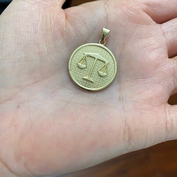 10K Solid Gold Libra Zodiac Sign Disc Round Pendant Necklace 16" 18" 20" 22"
