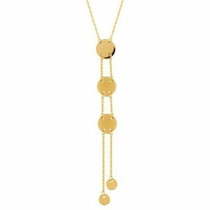 14K Solid Yellow Gold Dangle Drop 4mm and 7 mm Disk Lariat Adjustable Necklace